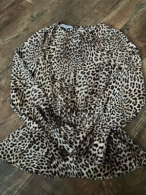 libby. edelman Leopard Print Peplum Blouse - Beige & Black